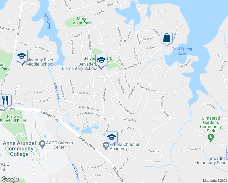 map of restaurants, bars, coffee shops, grocery stores, and more near 809 Buena Vista Avenue in Arnold