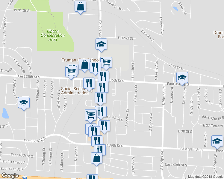 map of restaurants, bars, coffee shops, grocery stores, and more near 13901 East 35th Street South in Independence