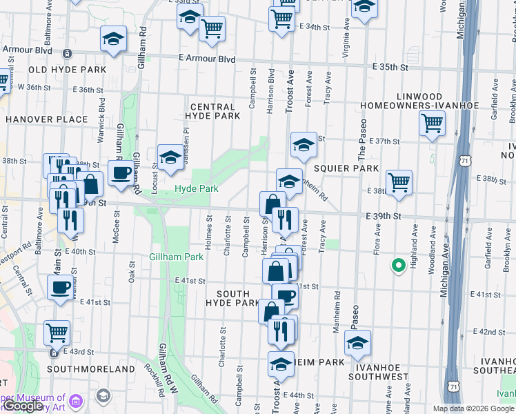 map of restaurants, bars, coffee shops, grocery stores, and more near 3824 Harrison Boulevard in Kansas City
