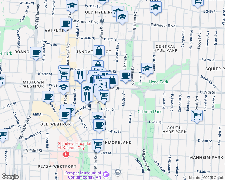 map of restaurants, bars, coffee shops, grocery stores, and more near 3830 Warwick Boulevard in Kansas City