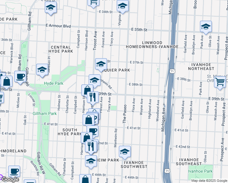 map of restaurants, bars, coffee shops, grocery stores, and more near 1331 East 39th Street in Kansas City