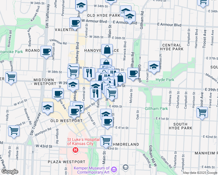 map of restaurants, bars, coffee shops, grocery stores, and more near in Kansas City