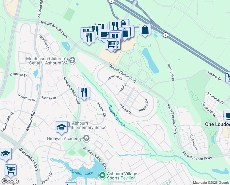 map of restaurants, bars, coffee shops, grocery stores, and more near 44212 Navajo Drive in Ashburn