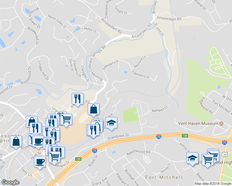 map of restaurants, bars, coffee shops, grocery stores, and more near 2190 Tantallon Drive in Fort Mitchell
