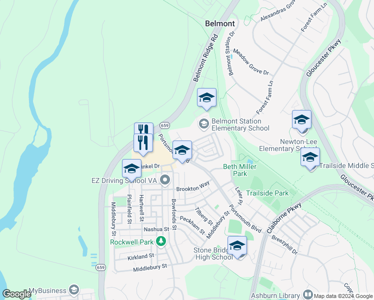 map of restaurants, bars, coffee shops, grocery stores, and more near 20286 Nightwatch Street in Ashburn