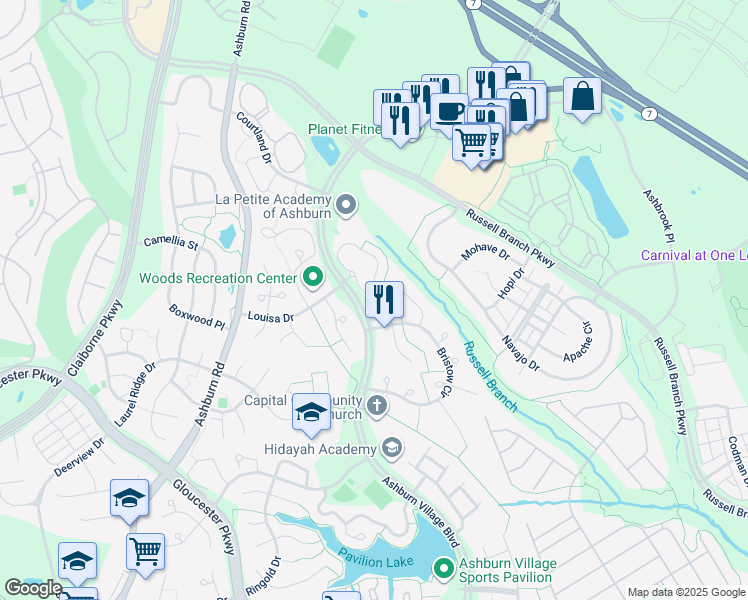 map of restaurants, bars, coffee shops, grocery stores, and more near 44108 Gala Circle in Ashburn