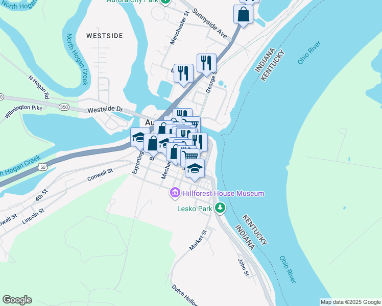map of restaurants, bars, coffee shops, grocery stores, and more near 114 Main Street in Aurora