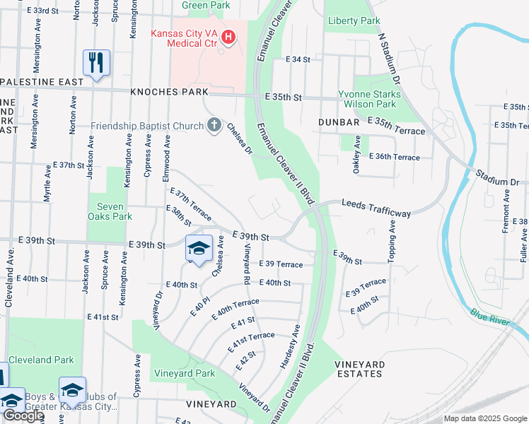 map of restaurants, bars, coffee shops, grocery stores, and more near 3838 Chelsea Drive in Kansas City