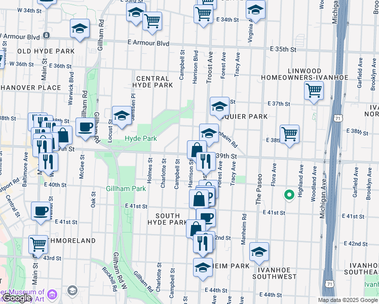 map of restaurants, bars, coffee shops, grocery stores, and more near 3824 Harrison Boulevard in Kansas City