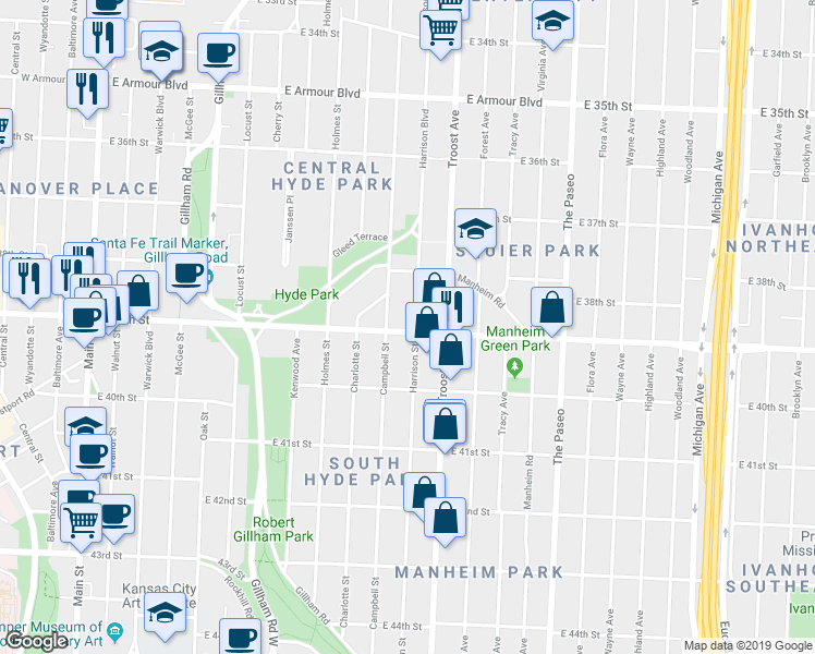 map of restaurants, bars, coffee shops, grocery stores, and more near 3824 Harrison Boulevard in Kansas City