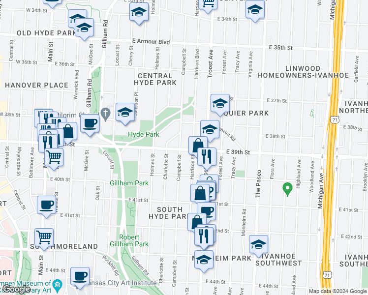 map of restaurants, bars, coffee shops, grocery stores, and more near 3824 Harrison Boulevard in Kansas City
