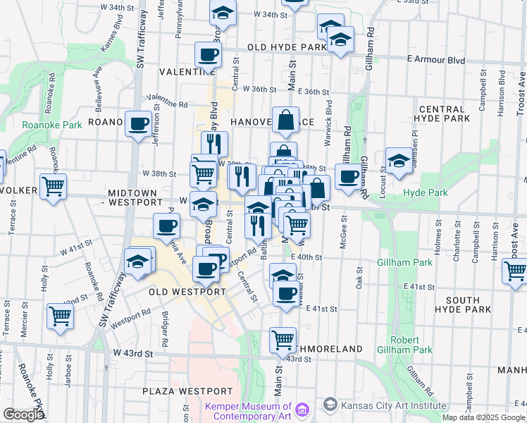 map of restaurants, bars, coffee shops, grocery stores, and more near 3837 Baltimore Avenue in Kansas City