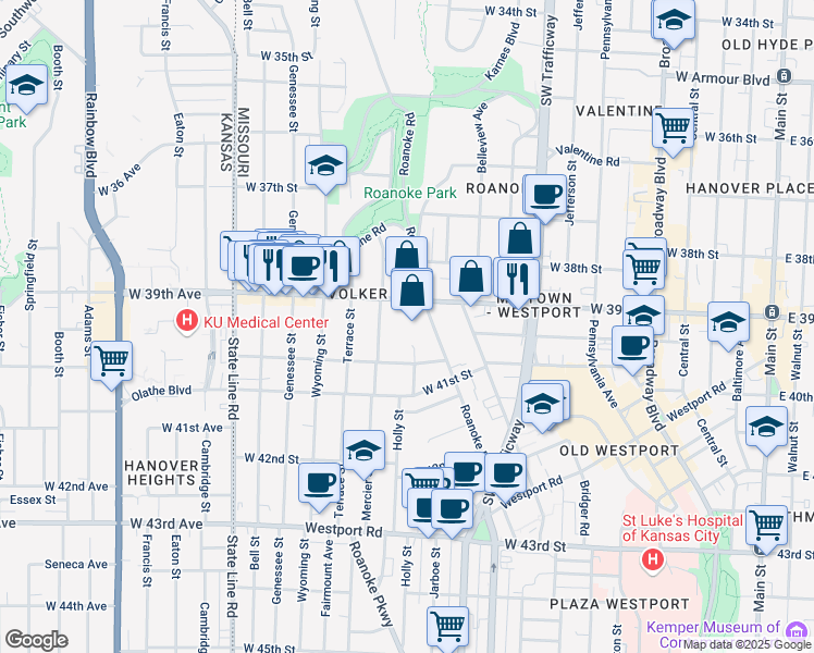 map of restaurants, bars, coffee shops, grocery stores, and more near 1204 West 39th Street in Kansas City