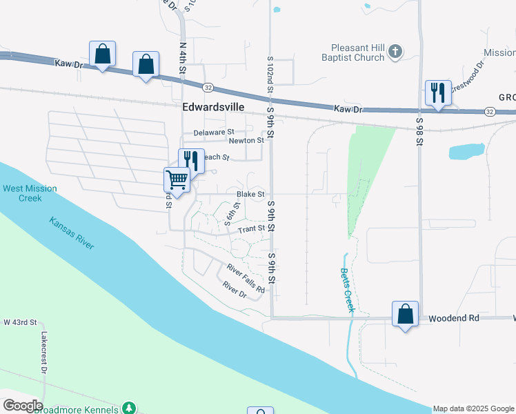 map of restaurants, bars, coffee shops, grocery stores, and more near 751 Blake Street in Edwardsville