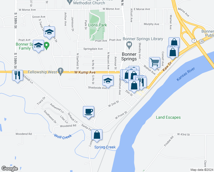 map of restaurants, bars, coffee shops, grocery stores, and more near 207 Coronado Avenue in Bonner Springs