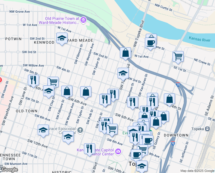 map of restaurants, bars, coffee shops, grocery stores, and more near 323 Southwest Tyler Street in Topeka