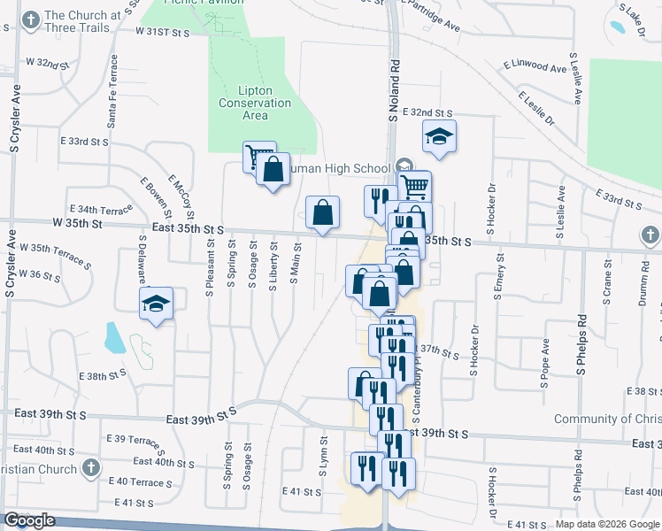map of restaurants, bars, coffee shops, grocery stores, and more near 13801 East 35th Street Court South in Independence