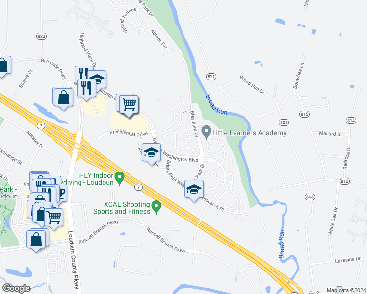 map of restaurants, bars, coffee shops, grocery stores, and more near 45060 Brae Terrace in Ashburn