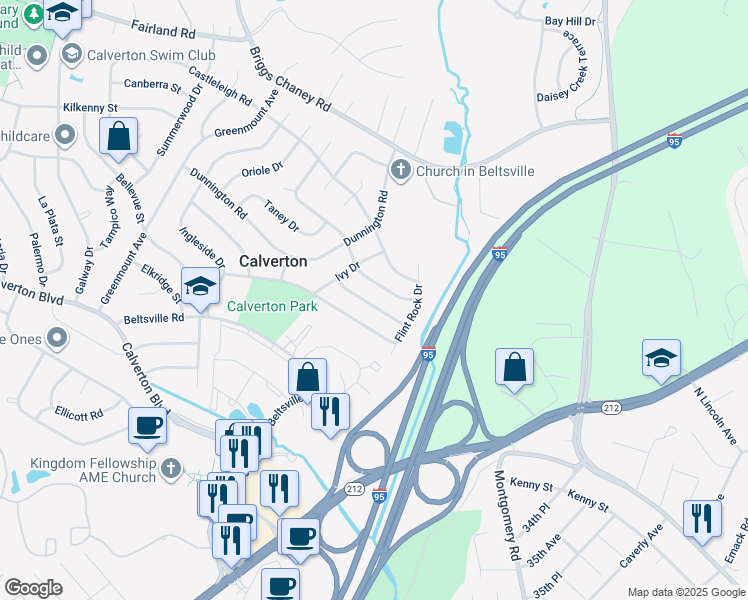 map of restaurants, bars, coffee shops, grocery stores, and more near 3512 Susquehanna Drive in Beltsville