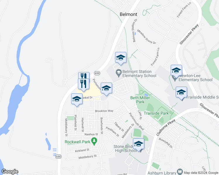 map of restaurants, bars, coffee shops, grocery stores, and more near 20284 Nightwatch Street in Ashburn