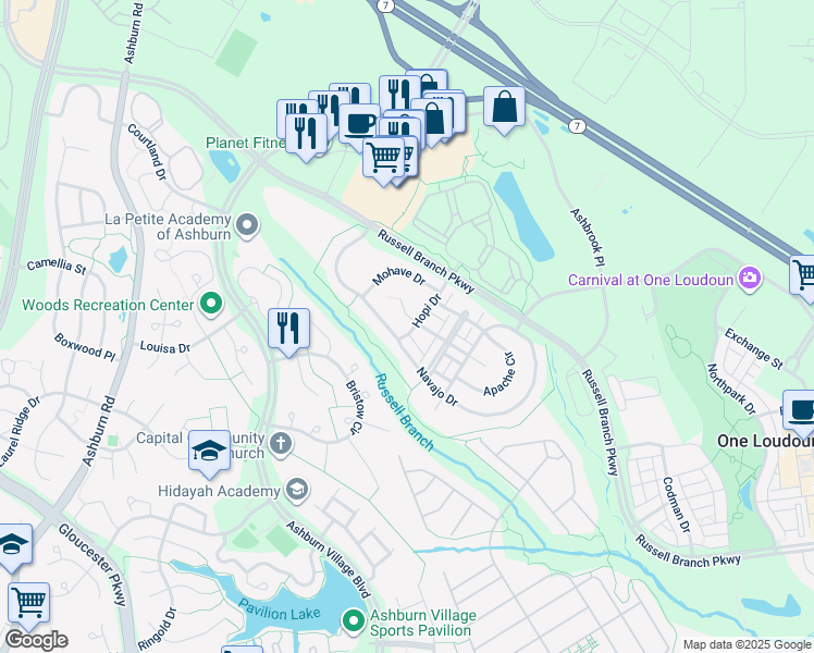 map of restaurants, bars, coffee shops, grocery stores, and more near 20223 Aztec Court in Ashburn