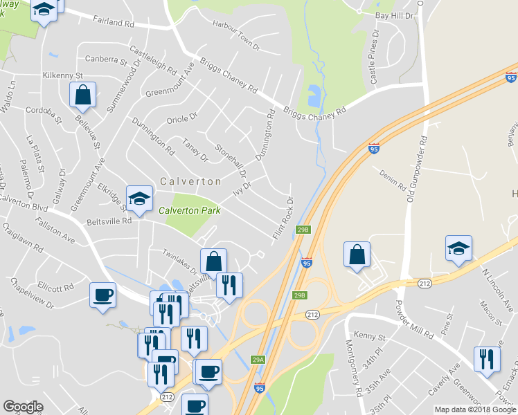 map of restaurants, bars, coffee shops, grocery stores, and more near 3512 Susquehanna Drive in Beltsville