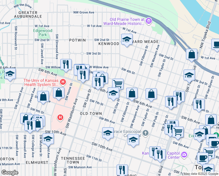 map of restaurants, bars, coffee shops, grocery stores, and more near 1200 Southwest 6th Avenue in Topeka