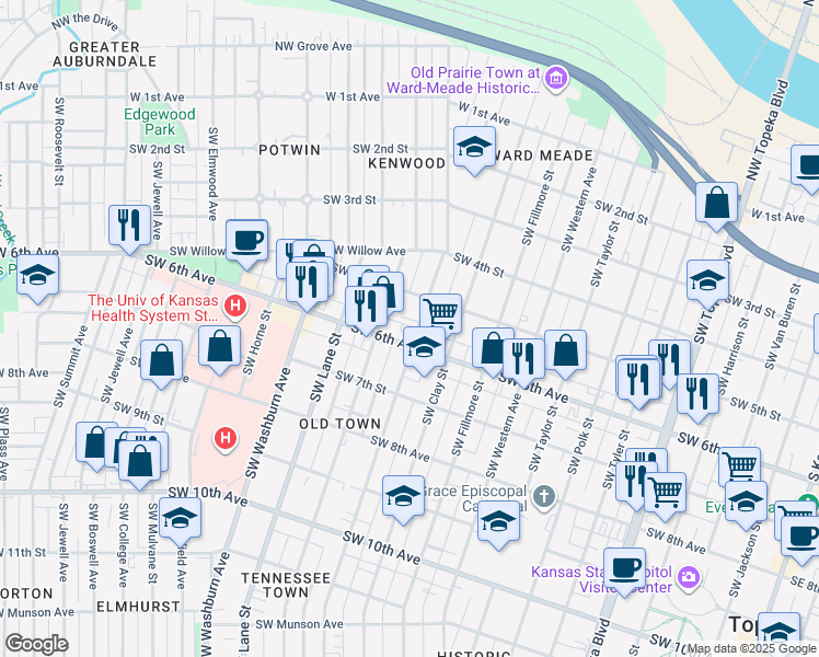 map of restaurants, bars, coffee shops, grocery stores, and more near 1200 Southwest 6th Avenue in Topeka