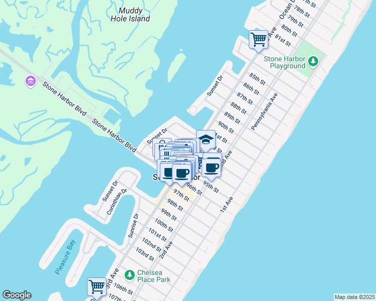 map of restaurants, bars, coffee shops, grocery stores, and more near 346 93rd Street in Stone Harbor