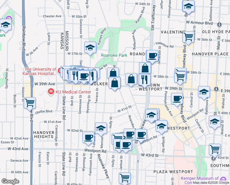 map of restaurants, bars, coffee shops, grocery stores, and more near 1111 West 39th Street in Kansas City