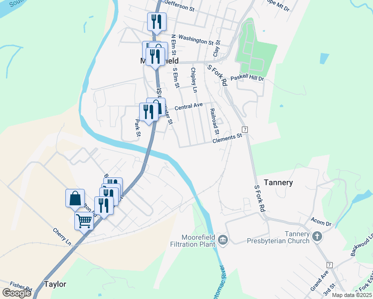 map of restaurants, bars, coffee shops, grocery stores, and more near 203 Clements Street in Moorefield