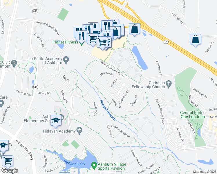 map of restaurants, bars, coffee shops, grocery stores, and more near 20223 Aztec Court in Ashburn