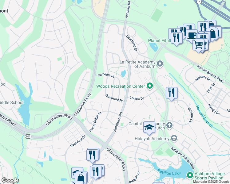 map of restaurants, bars, coffee shops, grocery stores, and more near 20242 Millstead Drive in Ashburn