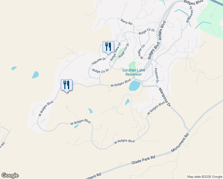 map of restaurants, bars, coffee shops, grocery stores, and more near 361-399 West Ridges Boulevard in Grand Junction