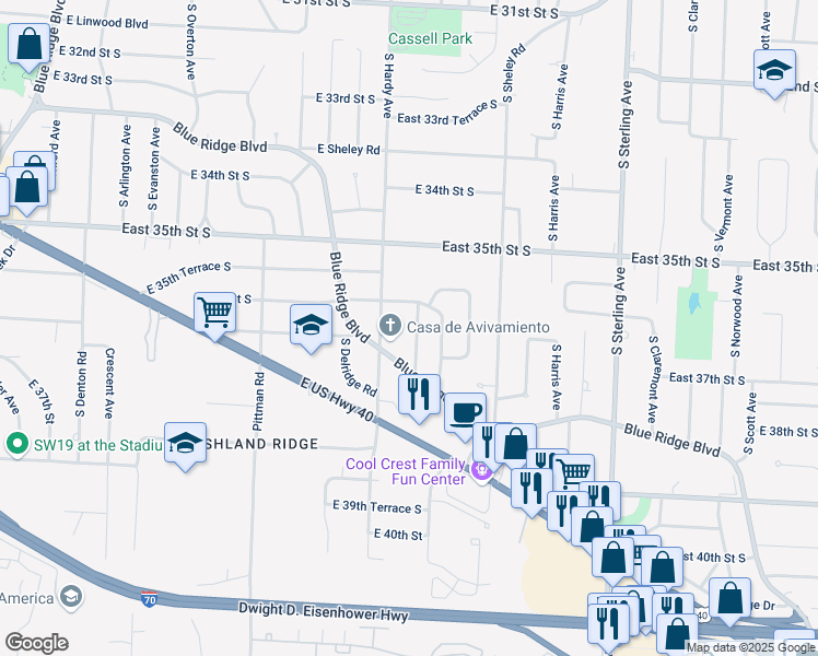 map of restaurants, bars, coffee shops, grocery stores, and more near 3601 South Poplar Avenue in Independence