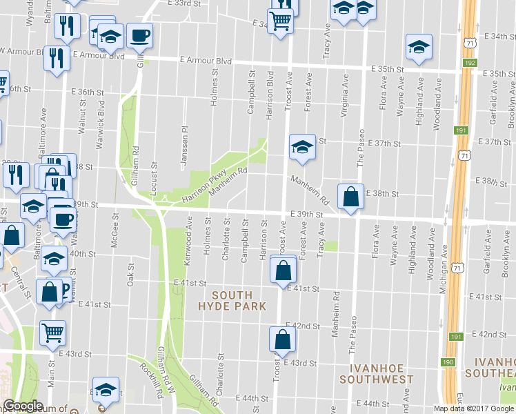 map of restaurants, bars, coffee shops, grocery stores, and more near 3824 Harrison Boulevard in Kansas City