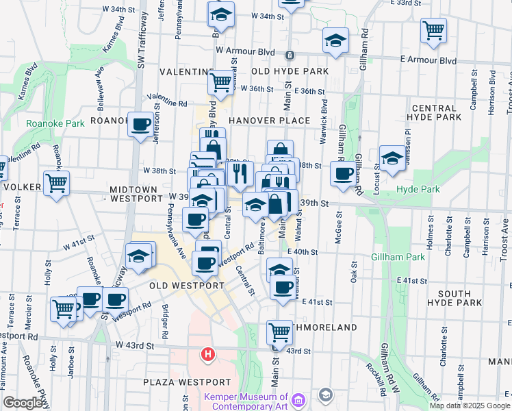 map of restaurants, bars, coffee shops, grocery stores, and more near 3838 Wyandotte Street in Kansas City