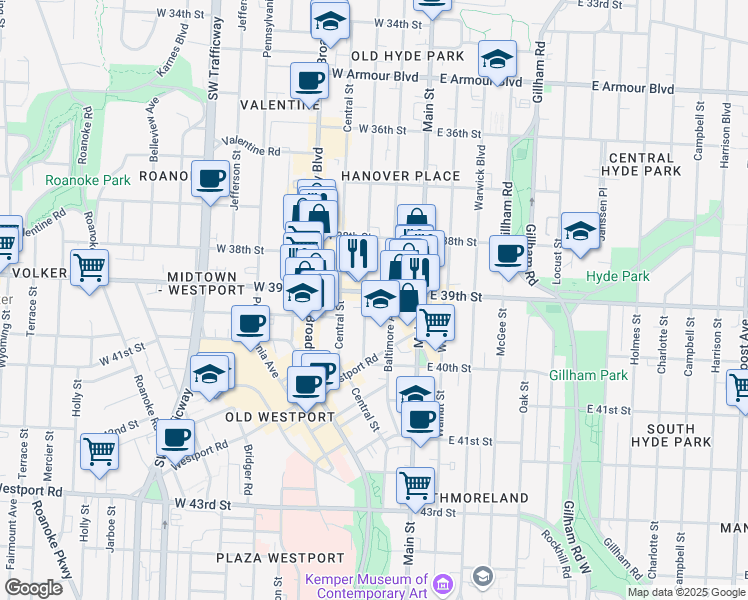 map of restaurants, bars, coffee shops, grocery stores, and more near 3838 Wyandotte Street in Kansas City