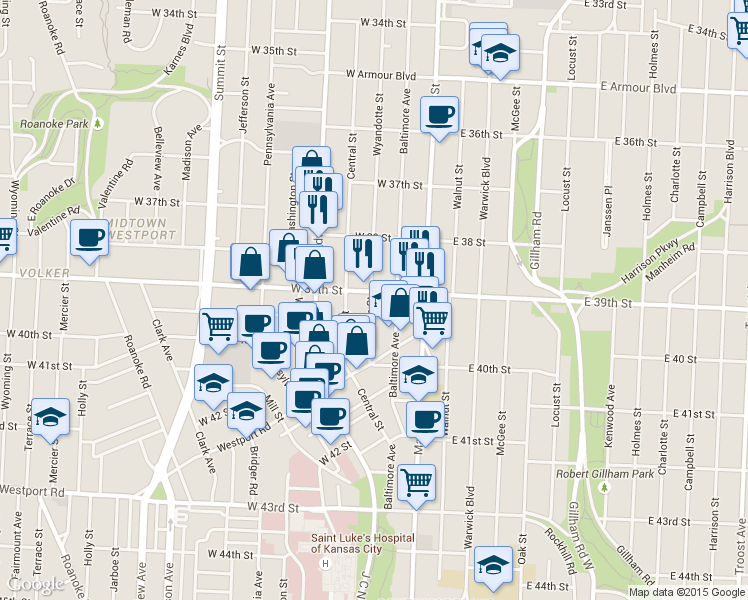 map of restaurants, bars, coffee shops, grocery stores, and more near 3838 Wyandotte Street in Kansas City