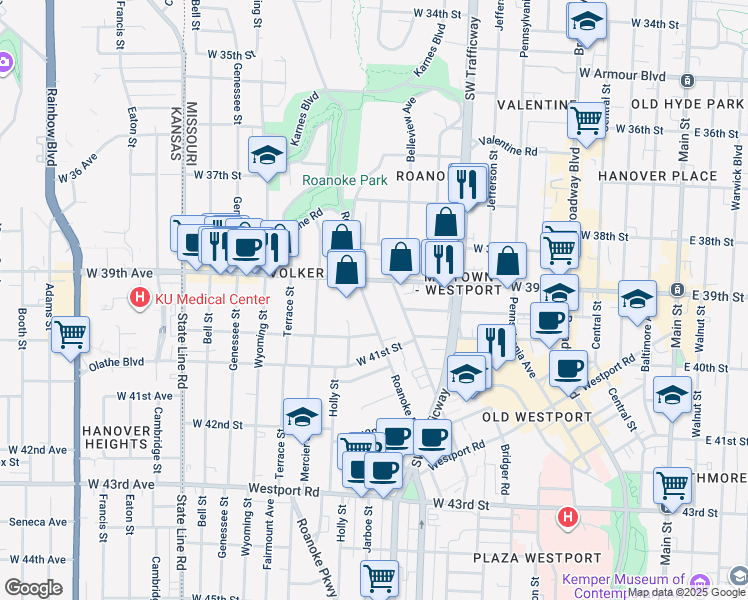 map of restaurants, bars, coffee shops, grocery stores, and more near 1015 West 39th Street in Kansas City