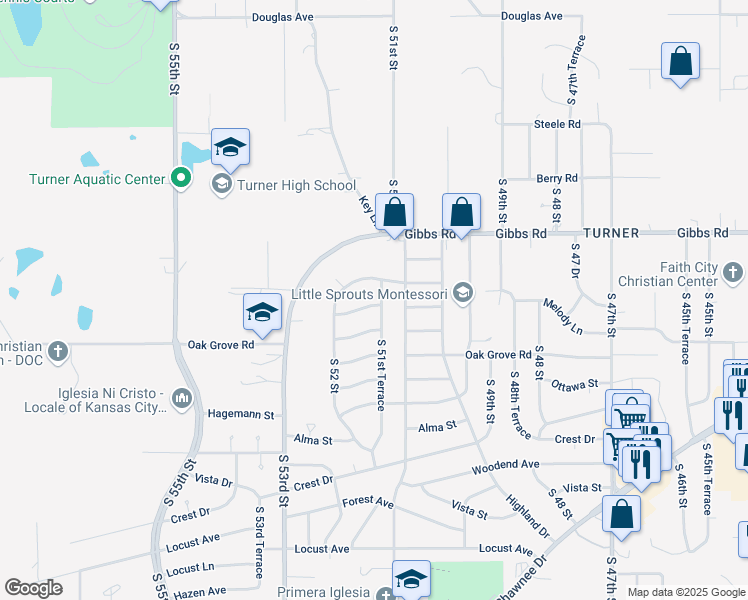 map of restaurants, bars, coffee shops, grocery stores, and more near 2500 South 51st Terrace in Kansas City
