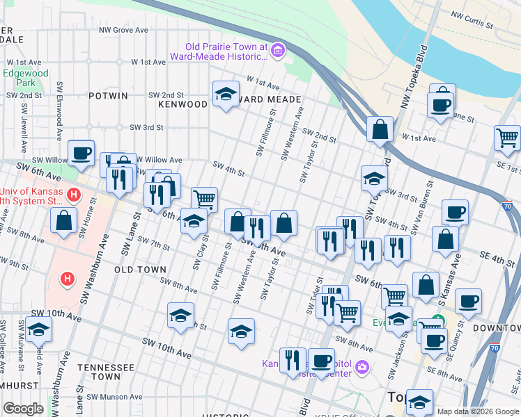 map of restaurants, bars, coffee shops, grocery stores, and more near 422 Southwest Fillmore Street in Topeka