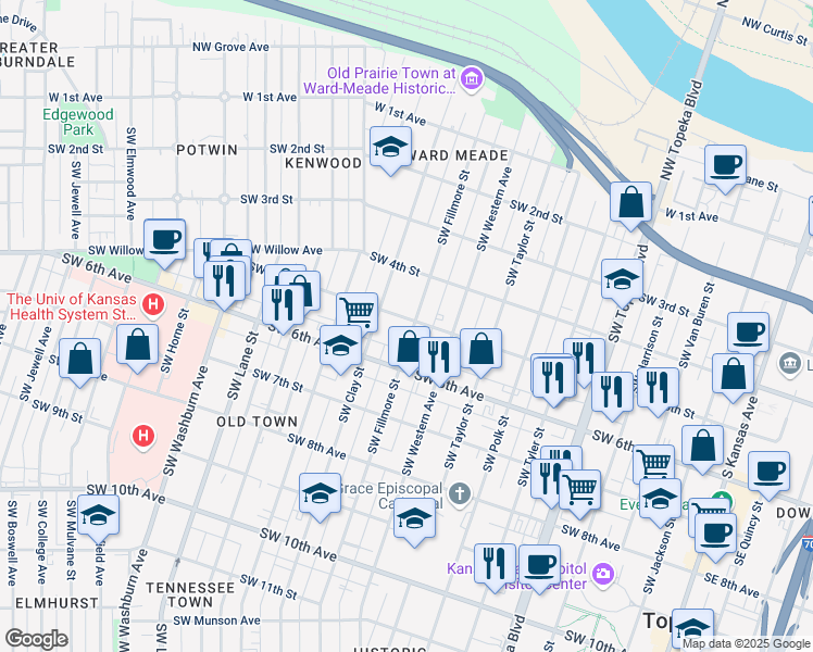 map of restaurants, bars, coffee shops, grocery stores, and more near 432 Southwest Clay Street in Topeka