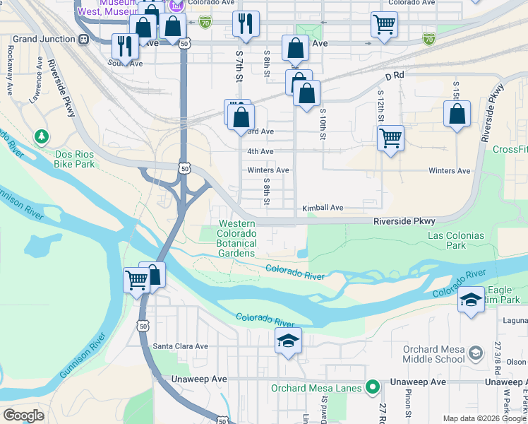 map of restaurants, bars, coffee shops, grocery stores, and more near 760 Kimball Avenue in Grand Junction