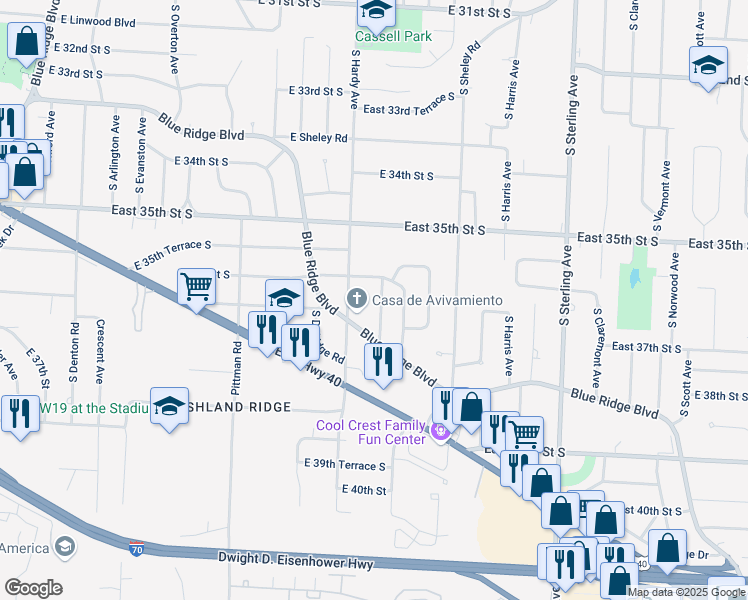 map of restaurants, bars, coffee shops, grocery stores, and more near 3601 South Poplar Avenue in Independence