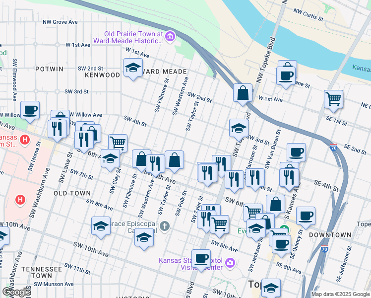 map of restaurants, bars, coffee shops, grocery stores, and more near 418 Southwest Taylor Street in Topeka