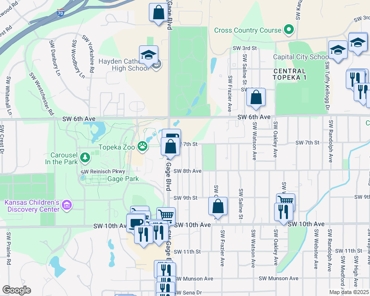 map of restaurants, bars, coffee shops, grocery stores, and more near 3530-3998 Southwest 7th Street in Topeka