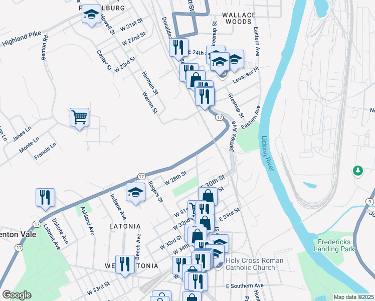 map of restaurants, bars, coffee shops, grocery stores, and more near 2776 Madison Avenue in Covington