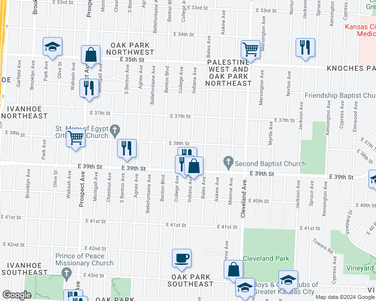map of restaurants, bars, coffee shops, grocery stores, and more near 3812 Indiana Avenue in Kansas City
