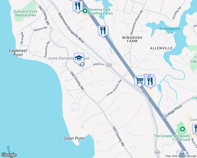 map of restaurants, bars, coffee shops, grocery stores, and more near 70 Barrensdale Drive in Severna Park